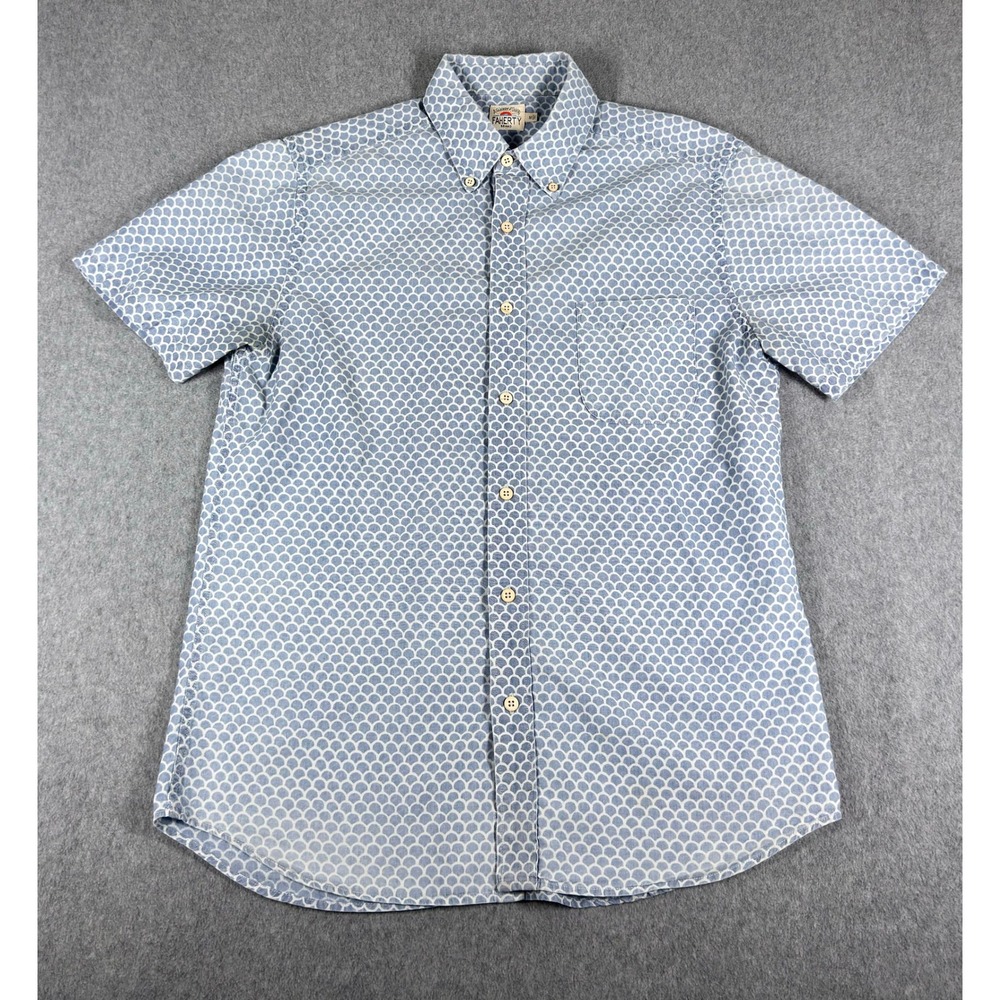 Faherty Shirt Mens Medium Blue White Geometric Print Short Sleeve Button Down
